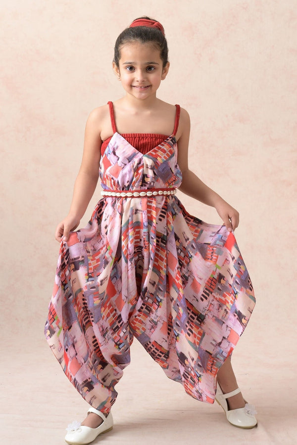 Multi Color Viscose Crepe Printed Abstract Watercolour Jumpsuit For Girls