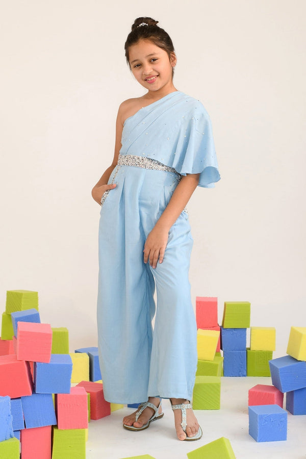 Blue Votex Embellishment Cutdana And Sequin Lofty Trinket Jumpsuit For Girls