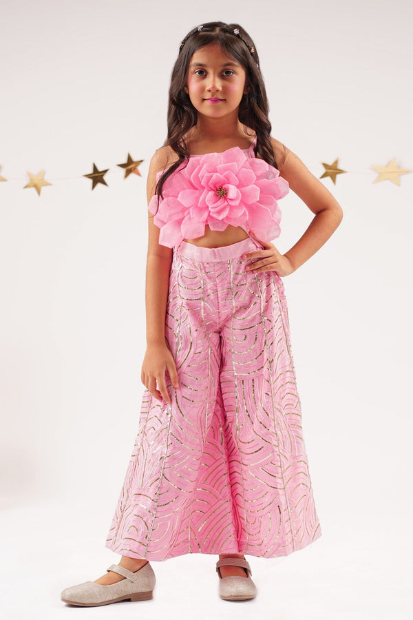 Pink Cotton Satin Embroidery 3d Floral Bollywood Tadka Jumpsuit For Girls