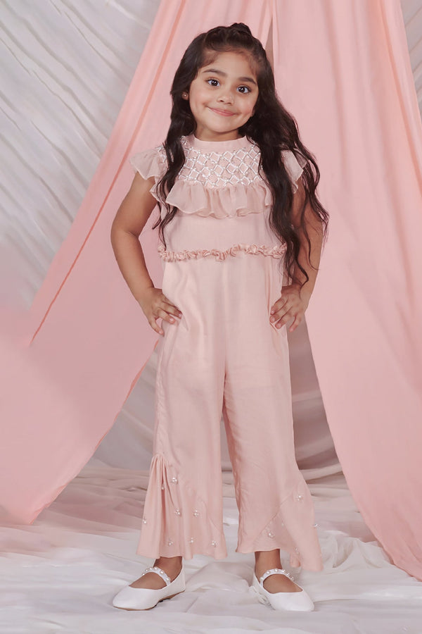 Pink Vortex Embellished Pearls Mia Ruffle Jumpsuit With Sequin Cape For Girls