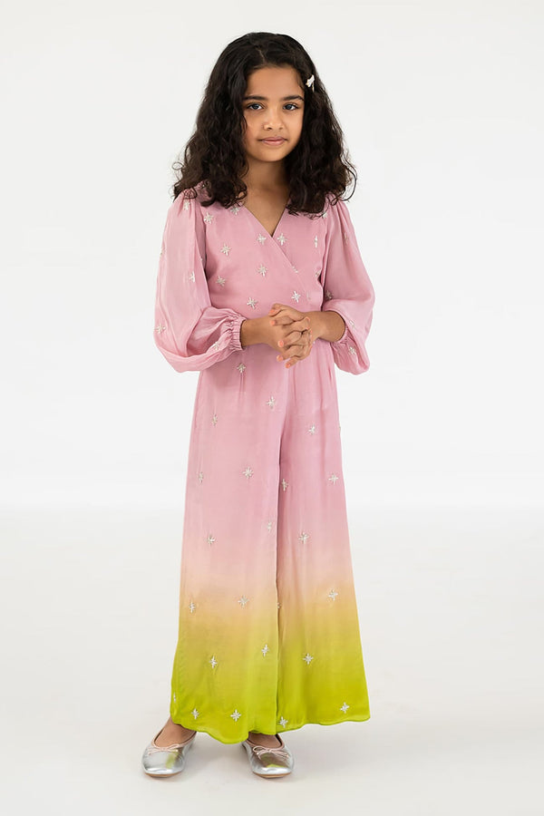 Pink Pure Crepe Embroidery Salli Butti Ombre Jumpsuit For Girls