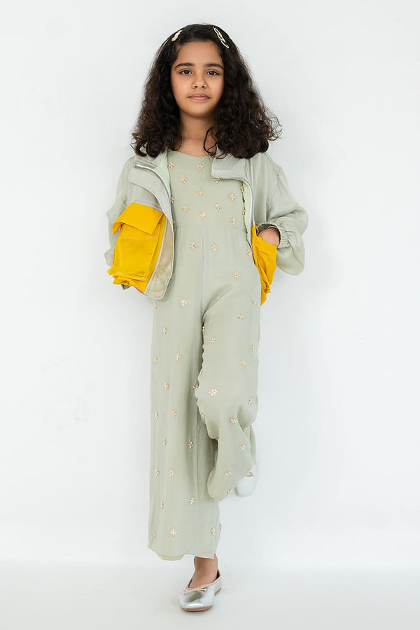 Blue Jumpsuit: Pure Crepe Embroidery Moti Butti With Jacket For Girls
