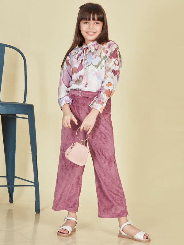 Abstract Affair Girls Printed Tie-Up Neck Shirt With Trouser