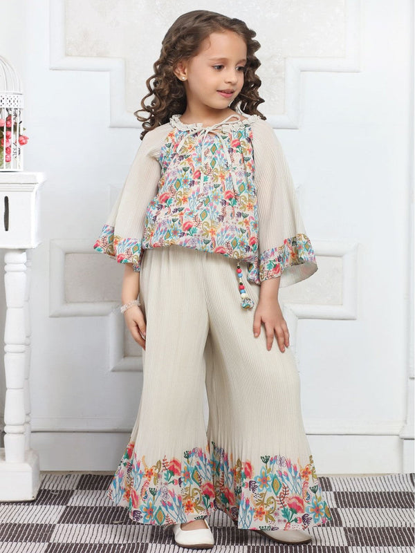Girls Floral Printed Round Neck Three-Quarter Sleeves Top & Palazzo