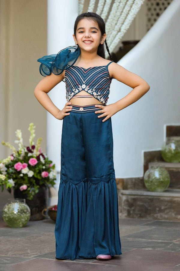 Blue German Satin Mahjabeen Embellished Jumpsuit For Girls