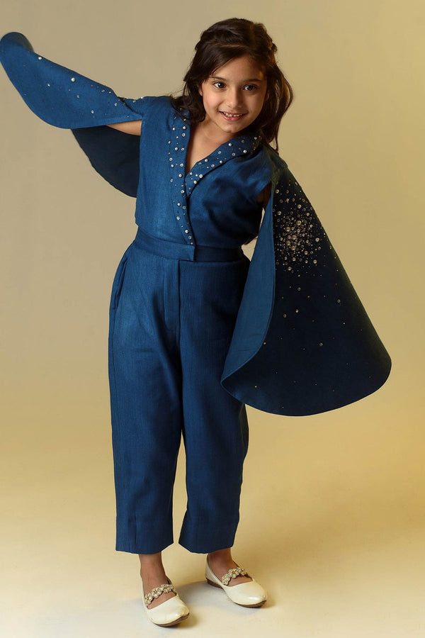 Blue Organic Wool Herringbone Embellished Jumpsuit For Girls