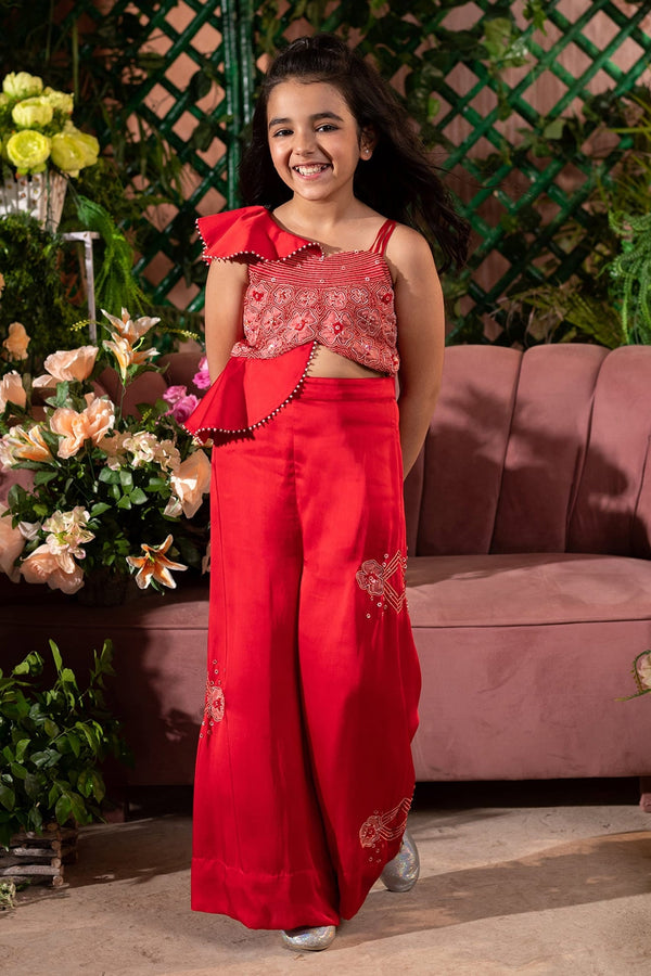Red German Satin Embellished And Applique Work Floral Adeem Jumpsuit For Girls