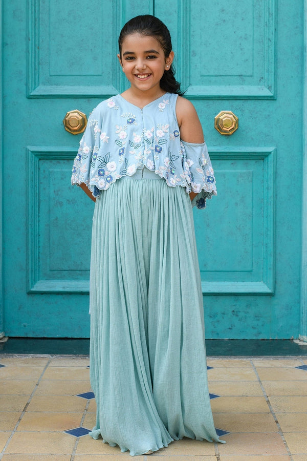 Red Crushed Cotton Embroidered Thread Shirin Jumpsuit For Girls